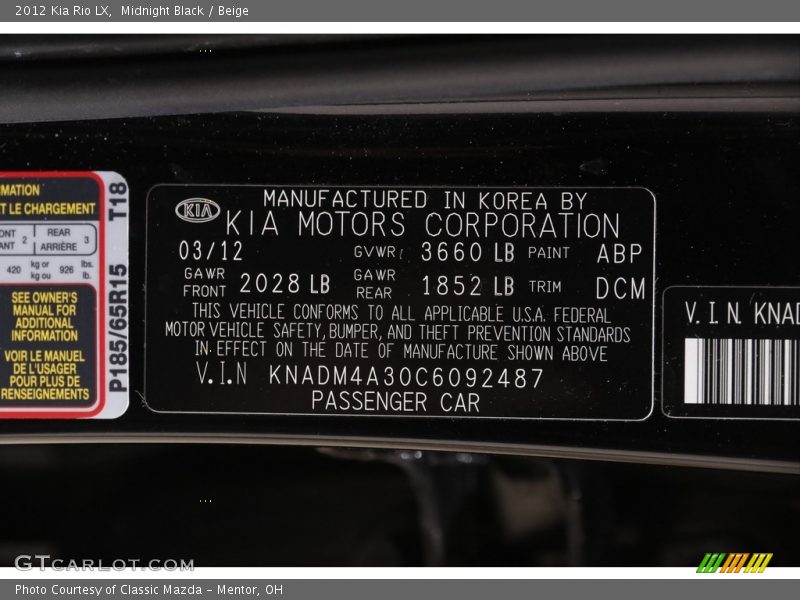 Midnight Black / Beige 2012 Kia Rio LX