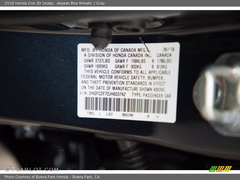 Aegean Blue Metallic / Gray 2018 Honda Civic EX Sedan