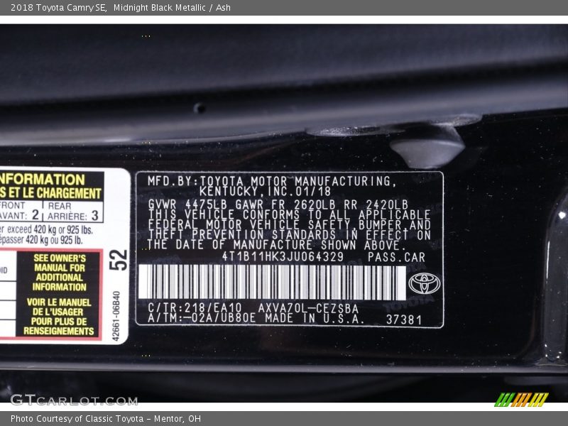 Midnight Black Metallic / Ash 2018 Toyota Camry SE