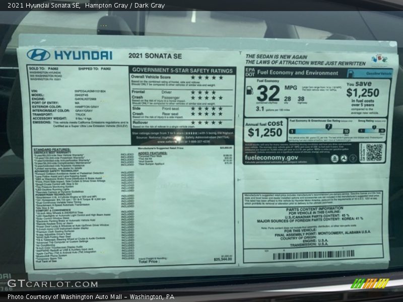 Hampton Gray / Dark Gray 2021 Hyundai Sonata SE