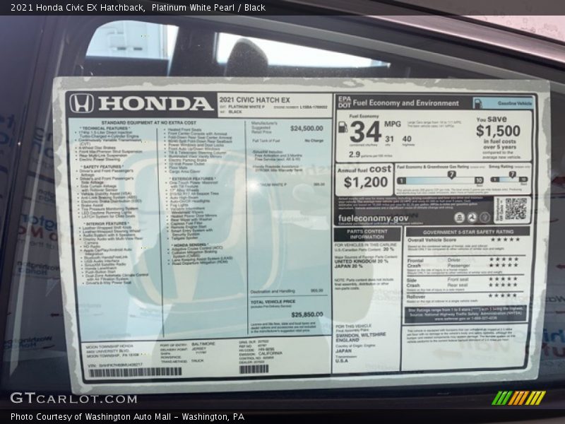 Platinum White Pearl / Black 2021 Honda Civic EX Hatchback