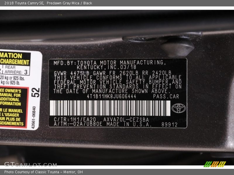Predawn Gray Mica / Black 2018 Toyota Camry SE