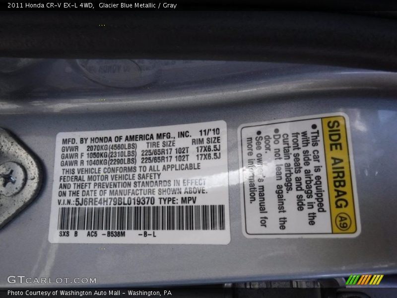 Glacier Blue Metallic / Gray 2011 Honda CR-V EX-L 4WD