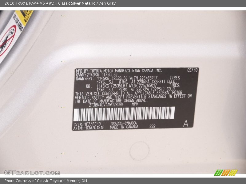 Classic Silver Metallic / Ash Gray 2010 Toyota RAV4 V6 4WD