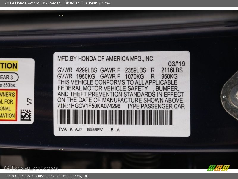 Obsidian Blue Pearl / Gray 2019 Honda Accord EX-L Sedan