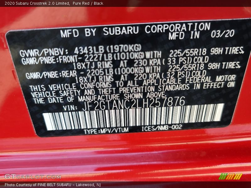 Pure Red / Black 2020 Subaru Crosstrek 2.0 Limited
