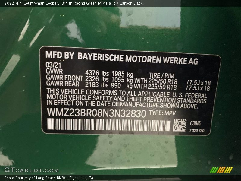 2022 Countryman Cooper British Racing Green IV Metallic Color Code C38