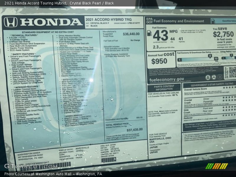 Crystal Black Pearl / Black 2021 Honda Accord Touring Hybrid