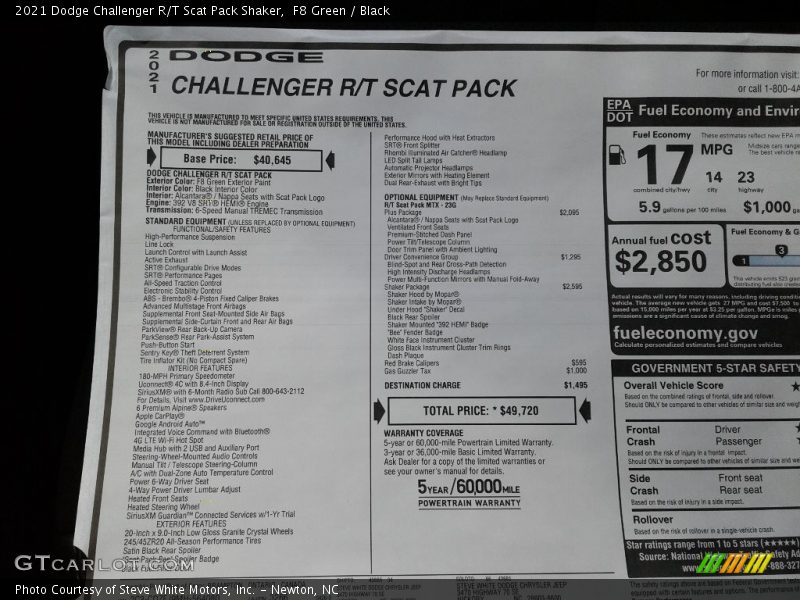  2021 Challenger R/T Scat Pack Shaker Window Sticker