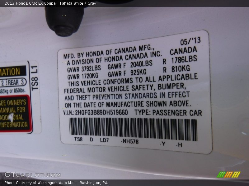 Taffeta White / Gray 2013 Honda Civic EX Coupe