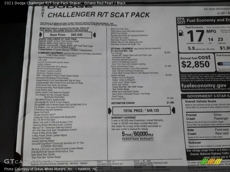  2021 Challenger R/T Scat Pack Shaker Window Sticker