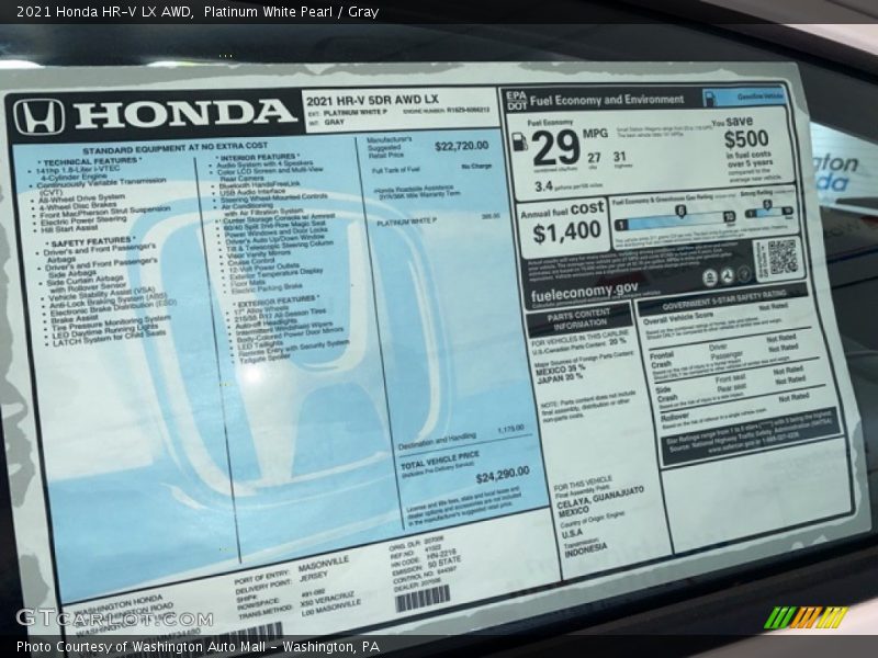 Platinum White Pearl / Gray 2021 Honda HR-V LX AWD