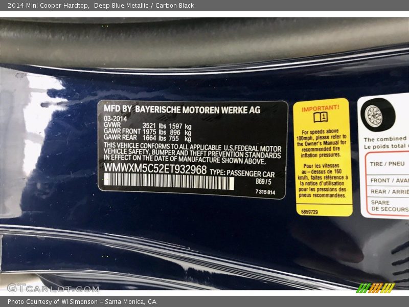 Deep Blue Metallic / Carbon Black 2014 Mini Cooper Hardtop