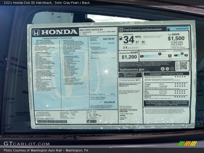 Sonic Gray Pearl / Black 2021 Honda Civic EX Hatchback