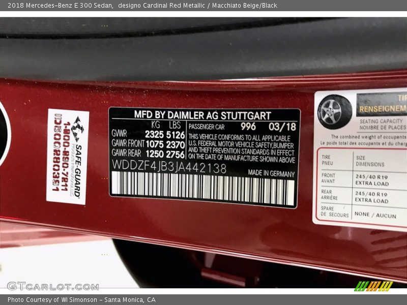 2018 E 300 Sedan designo Cardinal Red Metallic Color Code 996