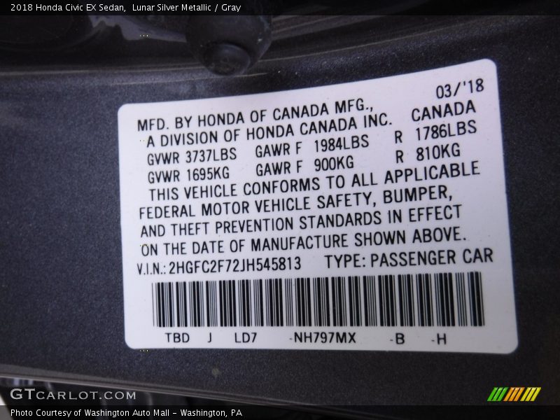 Lunar Silver Metallic / Gray 2018 Honda Civic EX Sedan