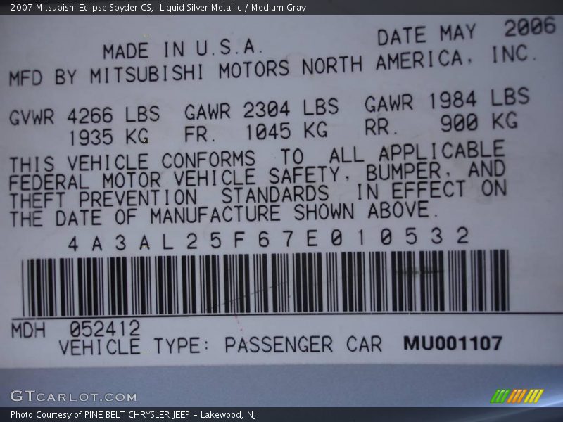 Liquid Silver Metallic / Medium Gray 2007 Mitsubishi Eclipse Spyder GS