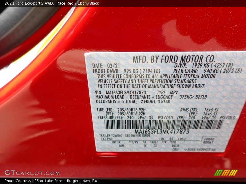 Race Red / Ebony Black 2021 Ford EcoSport S 4WD