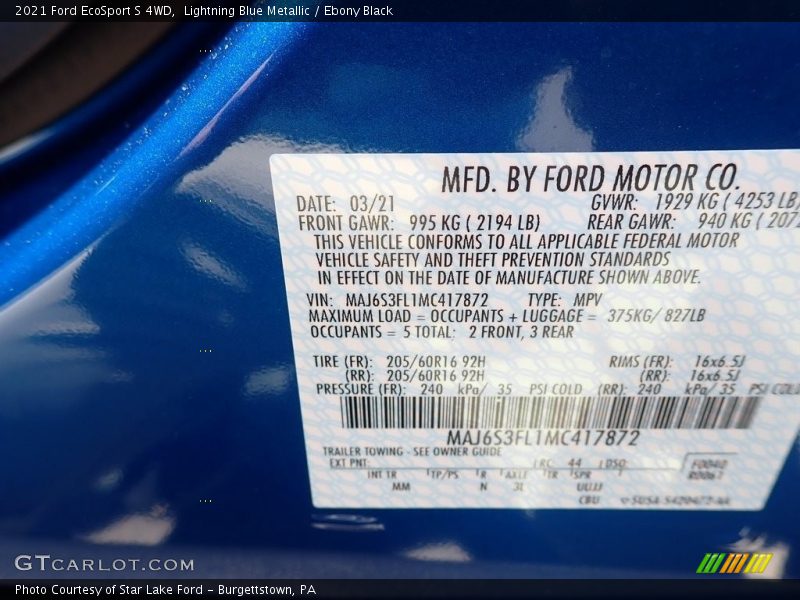 Lightning Blue Metallic / Ebony Black 2021 Ford EcoSport S 4WD