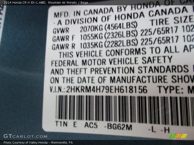 Mountain Air Metallic / Beige 2014 Honda CR-V EX-L AWD