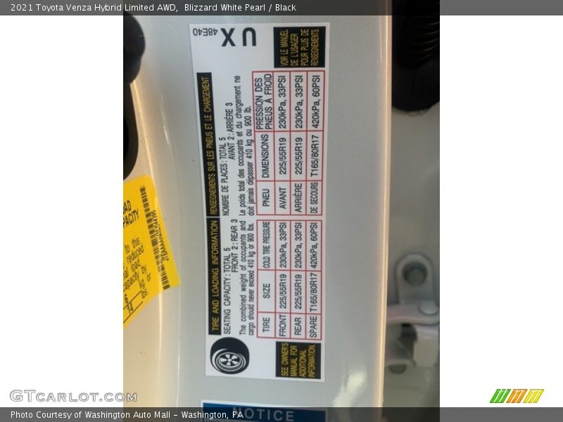 Blizzard White Pearl / Black 2021 Toyota Venza Hybrid Limited AWD