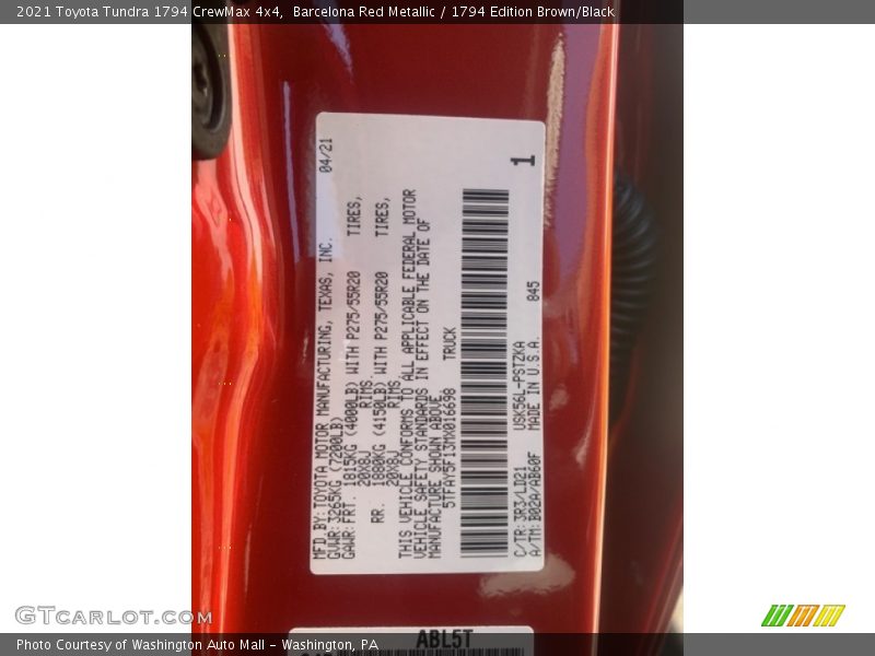 2021 Tundra 1794 CrewMax 4x4 Barcelona Red Metallic Color Code 3R3