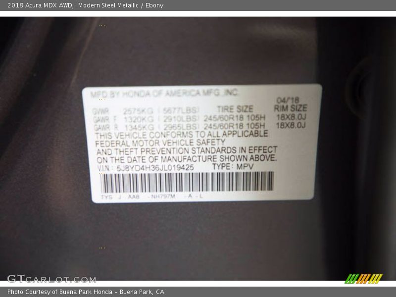 2018 MDX AWD Modern Steel Metallic Color Code NH797M