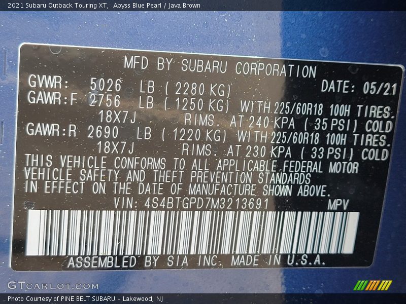 Abyss Blue Pearl / Java Brown 2021 Subaru Outback Touring XT