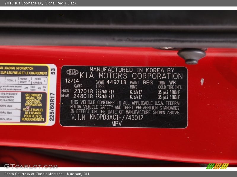 2015 Sportage LX Signal Red Color Code BEG