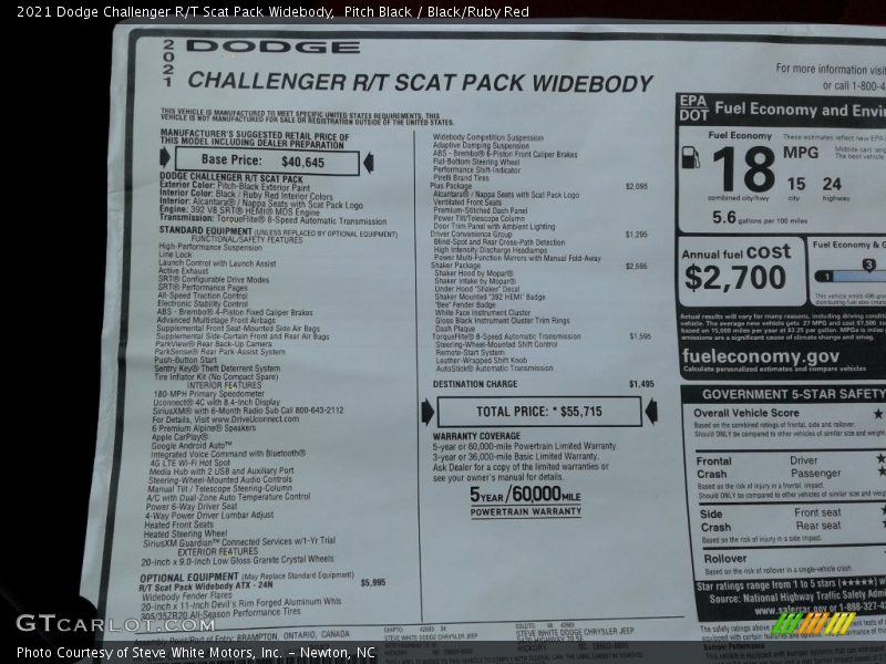  2021 Challenger R/T Scat Pack Widebody Window Sticker