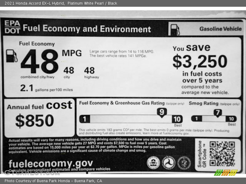 Platinum White Pearl / Black 2021 Honda Accord EX-L Hybrid