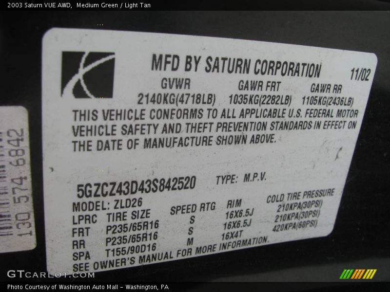 Medium Green / Light Tan 2003 Saturn VUE AWD