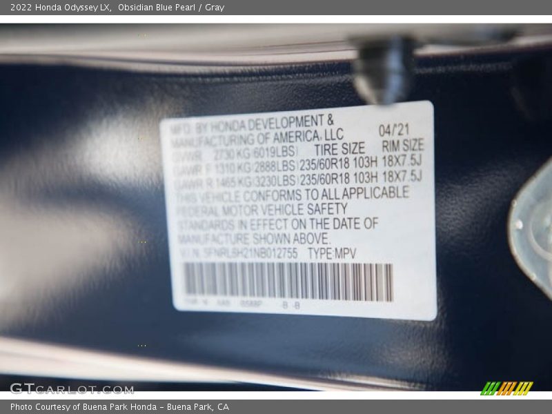Obsidian Blue Pearl / Gray 2022 Honda Odyssey LX