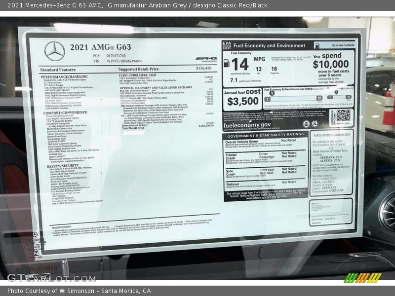  2021 G 63 AMG Window Sticker