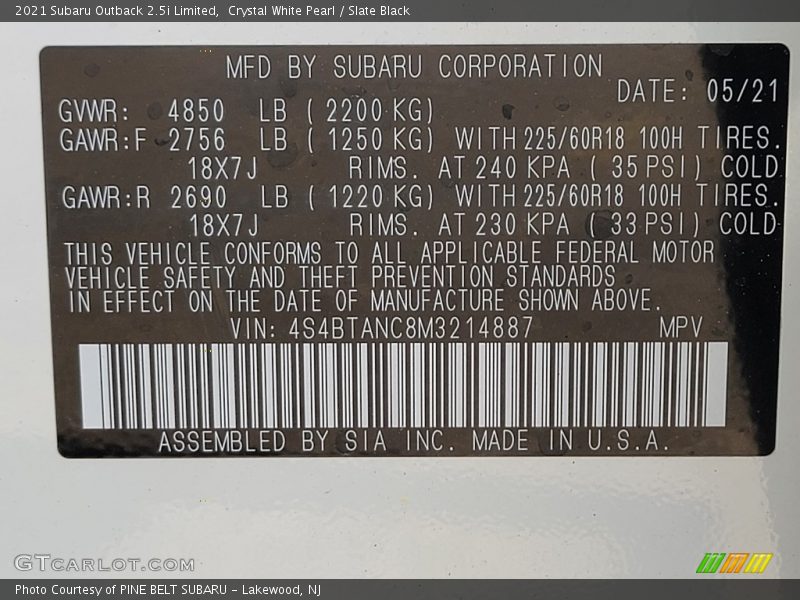 Crystal White Pearl / Slate Black 2021 Subaru Outback 2.5i Limited