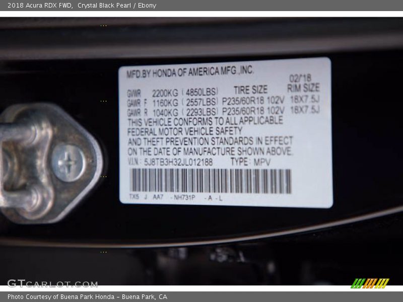 Crystal Black Pearl / Ebony 2018 Acura RDX FWD