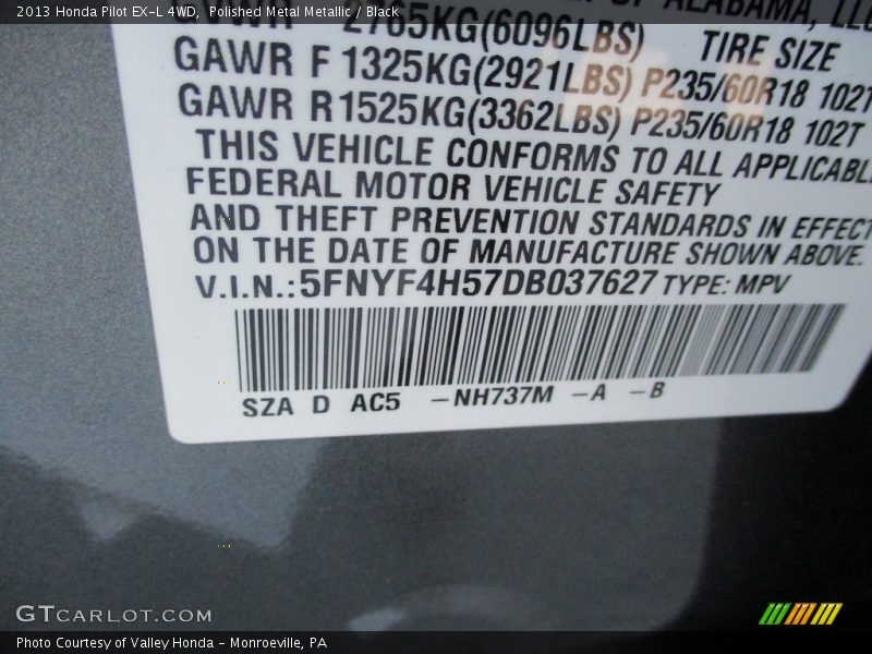 Polished Metal Metallic / Black 2013 Honda Pilot EX-L 4WD