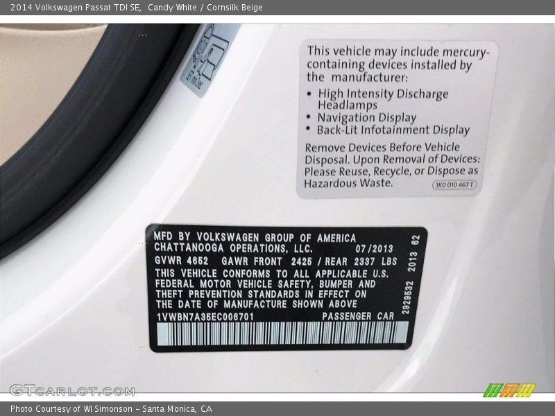 Candy White / Cornsilk Beige 2014 Volkswagen Passat TDI SE
