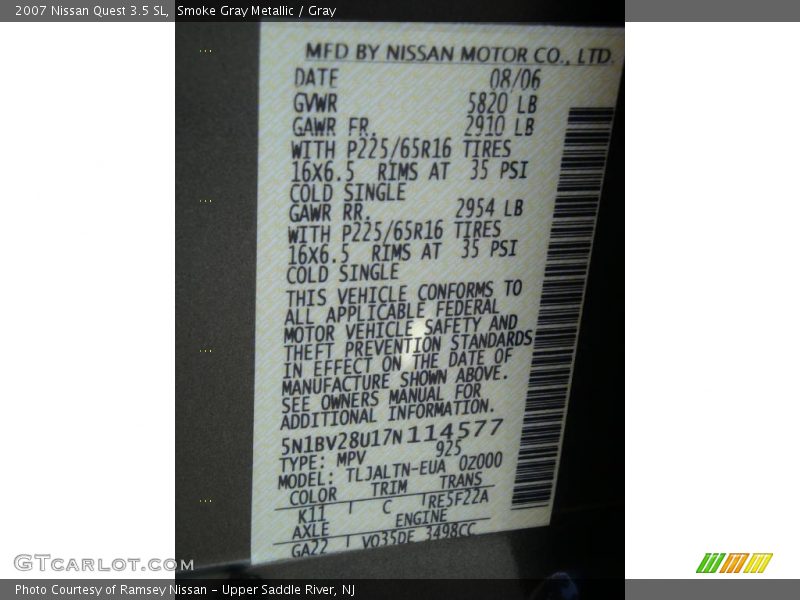 Smoke Gray Metallic / Gray 2007 Nissan Quest 3.5 SL