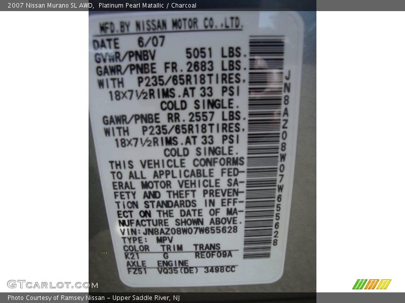 Platinum Pearl Matallic / Charcoal 2007 Nissan Murano SL AWD