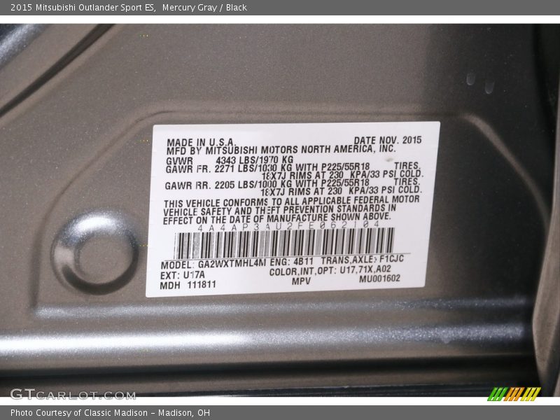 Mercury Gray / Black 2015 Mitsubishi Outlander Sport ES