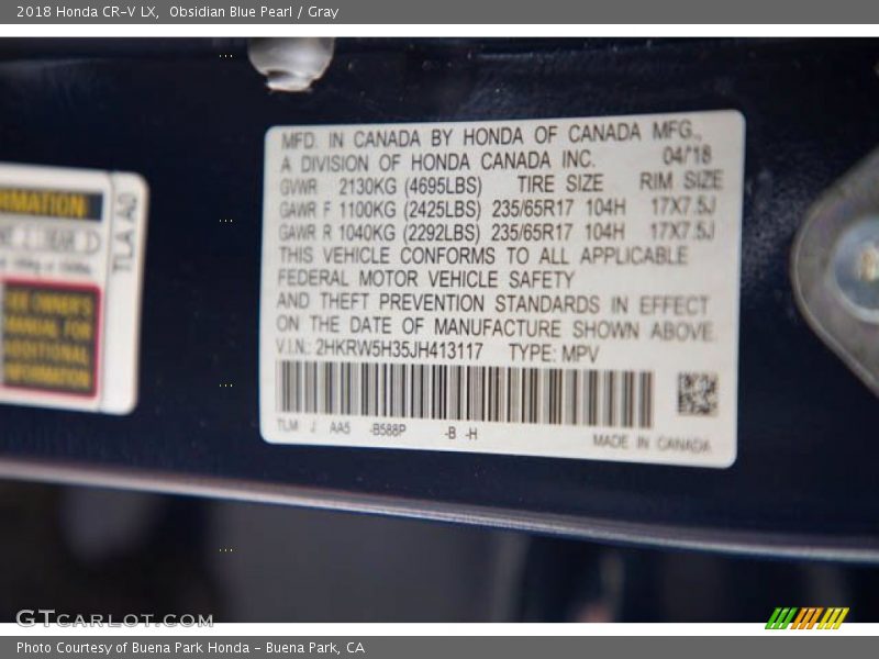 Obsidian Blue Pearl / Gray 2018 Honda CR-V LX