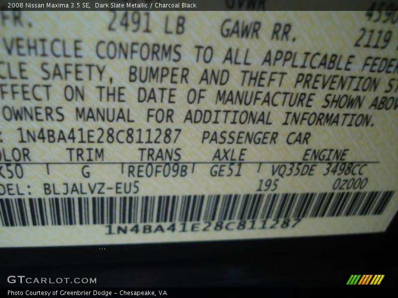 Dark Slate Metallic / Charcoal Black 2008 Nissan Maxima 3.5 SE