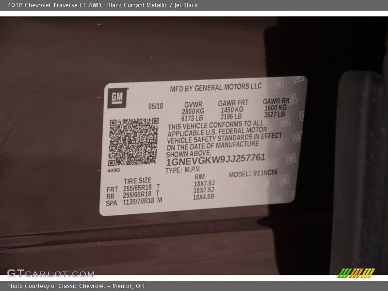 Black Currant Metallic / Jet Black 2018 Chevrolet Traverse LT AWD