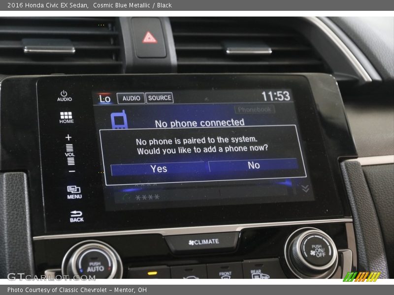 Cosmic Blue Metallic / Black 2016 Honda Civic EX Sedan