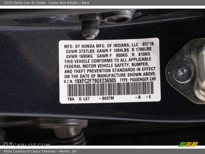 Cosmic Blue Metallic / Black 2016 Honda Civic EX Sedan