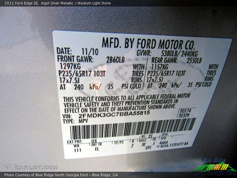 Ingot Silver Metallic / Medium Light Stone 2011 Ford Edge SE