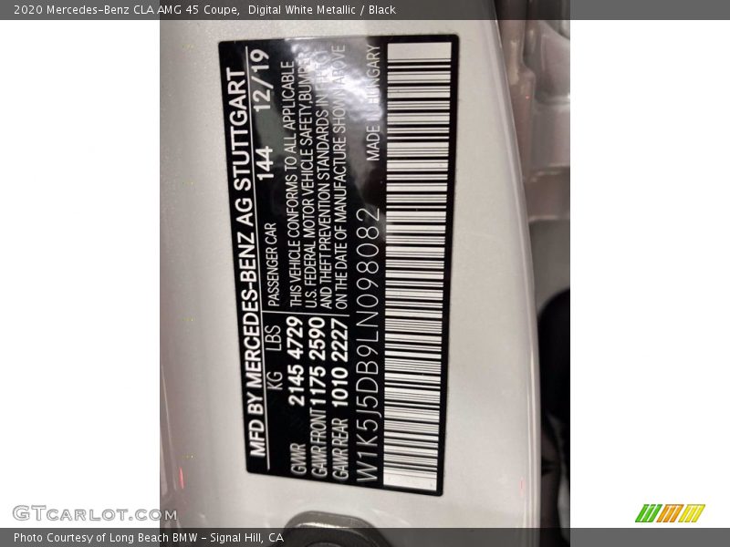 Digital White Metallic / Black 2020 Mercedes-Benz CLA AMG 45 Coupe