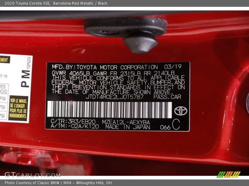 2020 Corolla XSE Barcelona Red Metallic Color Code 3R3