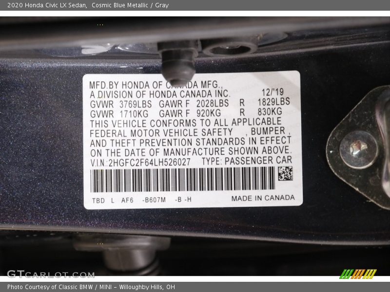 Cosmic Blue Metallic / Gray 2020 Honda Civic LX Sedan